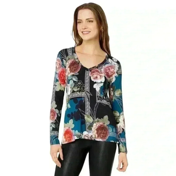 Nwt Johnny Was Rosabel Favorite Long Sleeve V-Neck Tee Size 3x - Picture 1 of 7